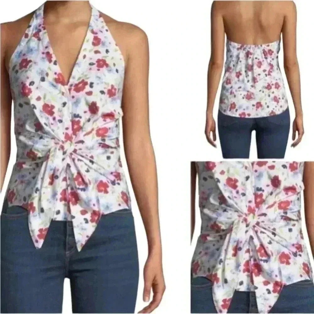 Veronica Beard Vea White Floral Multi Tie-Front Halter Top Size Size 8